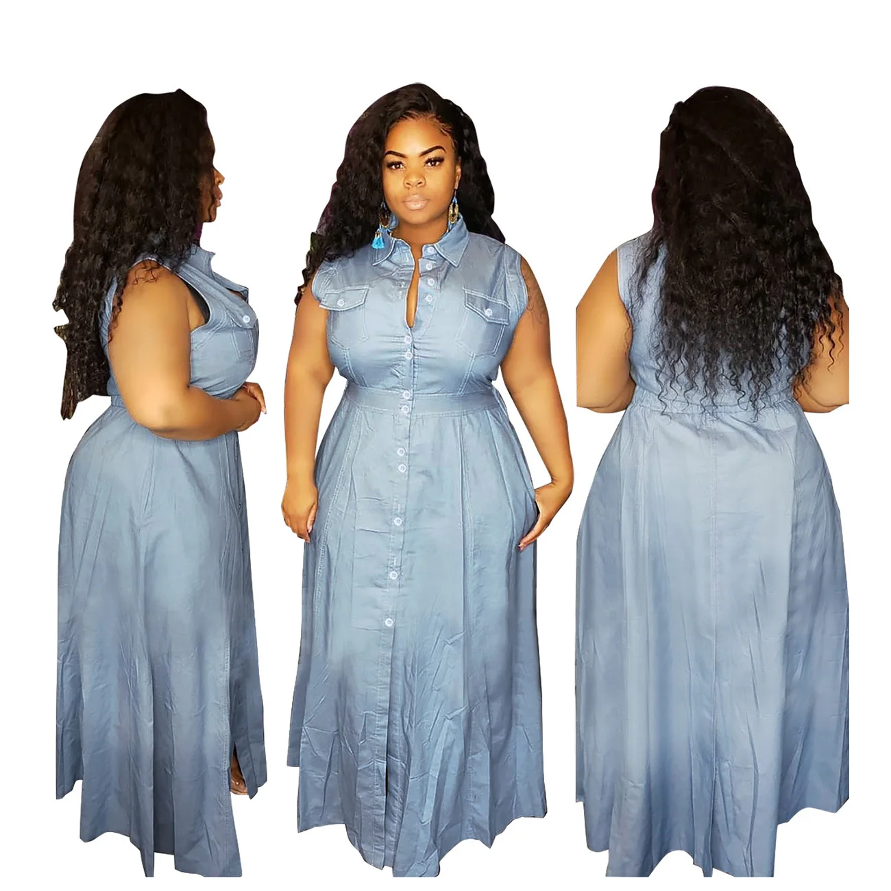 

Wholesale 2020 New Fashion Sleeveless Button Washed Denim Plus Size Dress Maxi Dresses Women Casual Elegant Long Dress