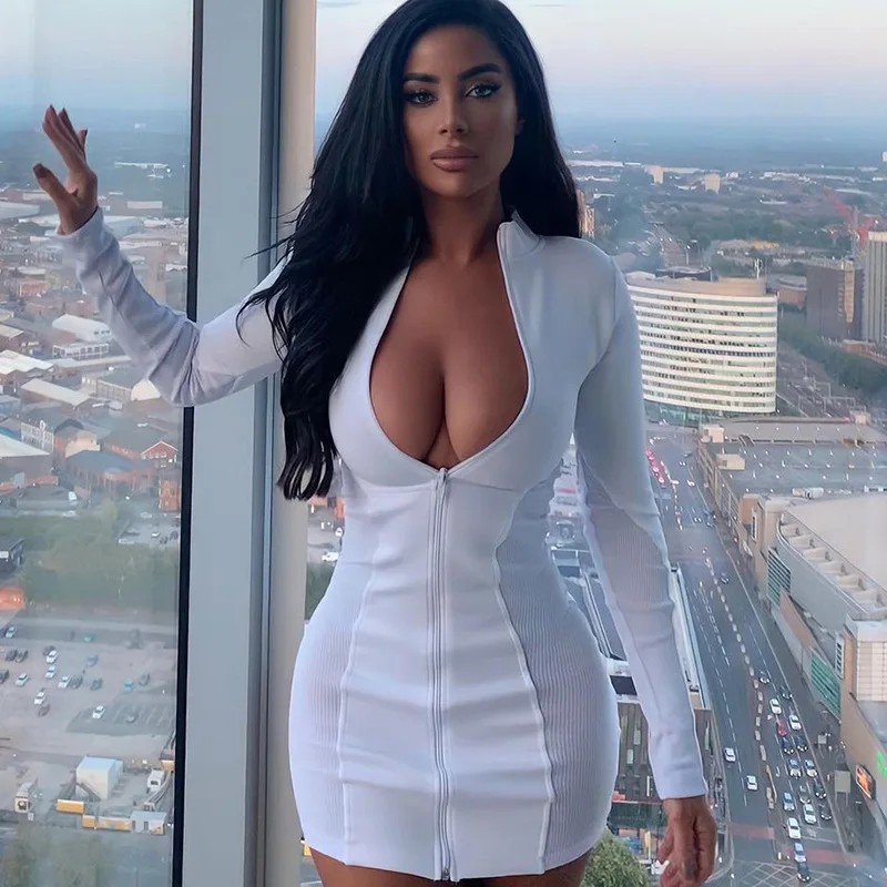 

Female Street Wear Stand Collar Long Sleeve Splicing Sexy Zip For Dresses Slim Mini