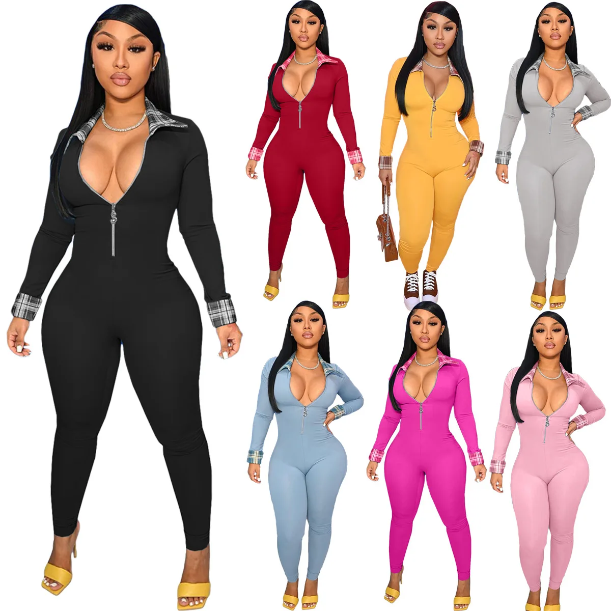 

Polyester Fall Womens Jumpsuits Ladies Casual Custom Zipper Rompers Bodycon Plus Size Long Sleeve One Piece Jumpsuits Elegant