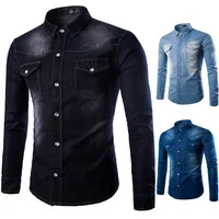 

Fashion Men Denim Shirt Turn Down Collar Plus Size Cotton Jeans Slim Fit Shirts Man Two-pocket Tops Clothing M-5XL