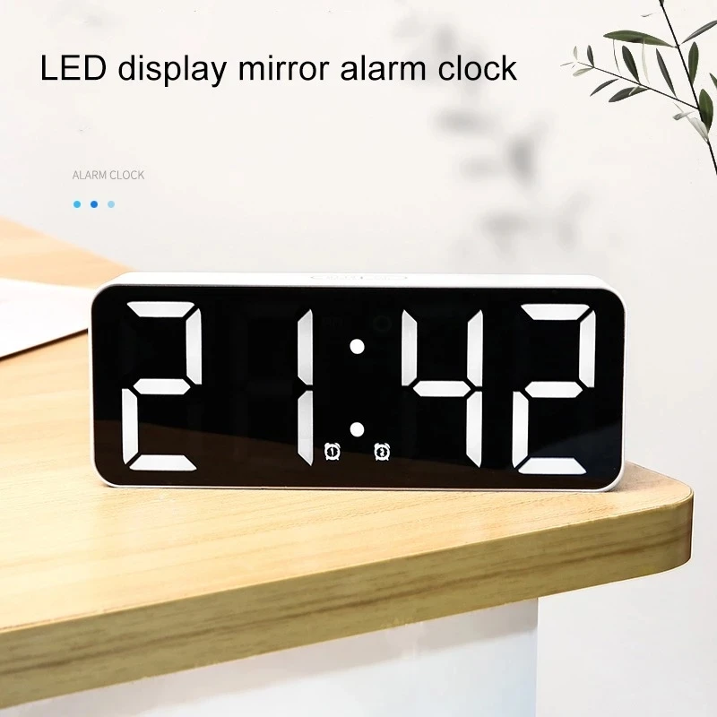

New LED Dual Alarm Clock Mirror Digital Alarm Clock Snooze Memory Function Date And Temperature Mirror Table Clock, White