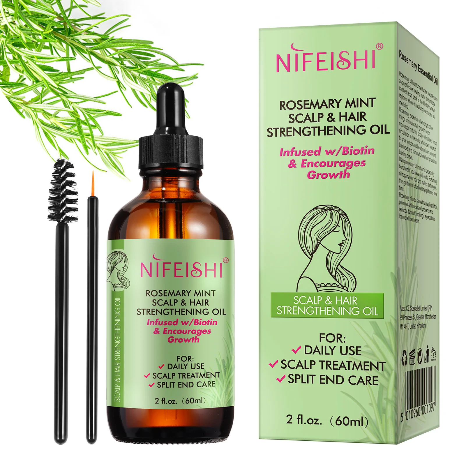 

NIFEISHI rosemary mint scalp hair strengthening oil60ml organic natural biotin rosemary essential oilrosemary oil hair growth