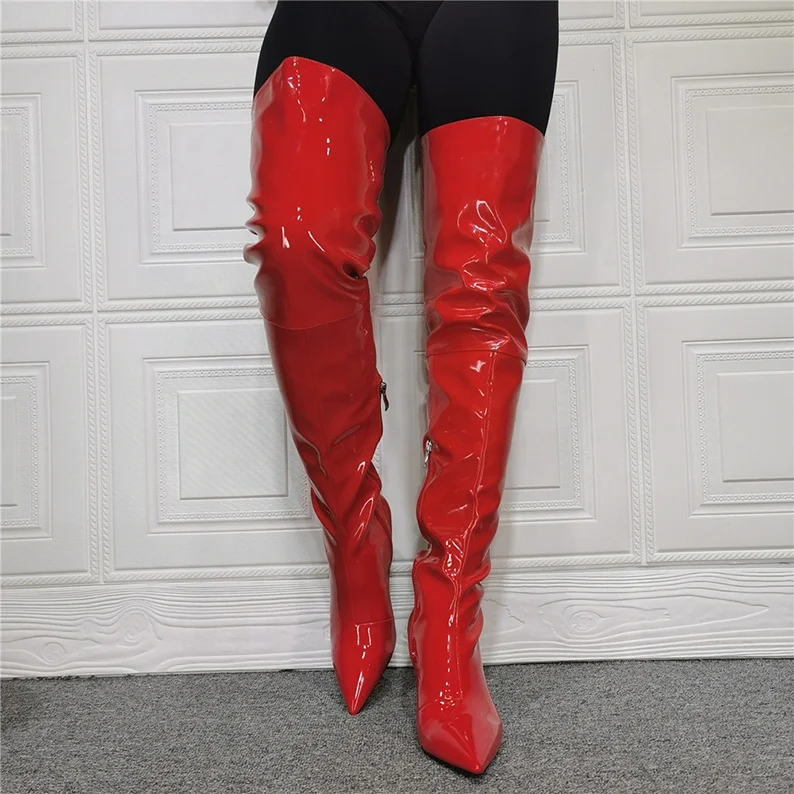 

High Quality Long Stretch Over the Knee High Boots Mid Heel Pointed Toe Sexy Solid Red Color Women's Thigh High Boots Winter