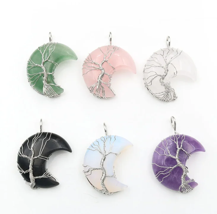 

Natural quartz crystal stone Tree of Life moon pendant necklace