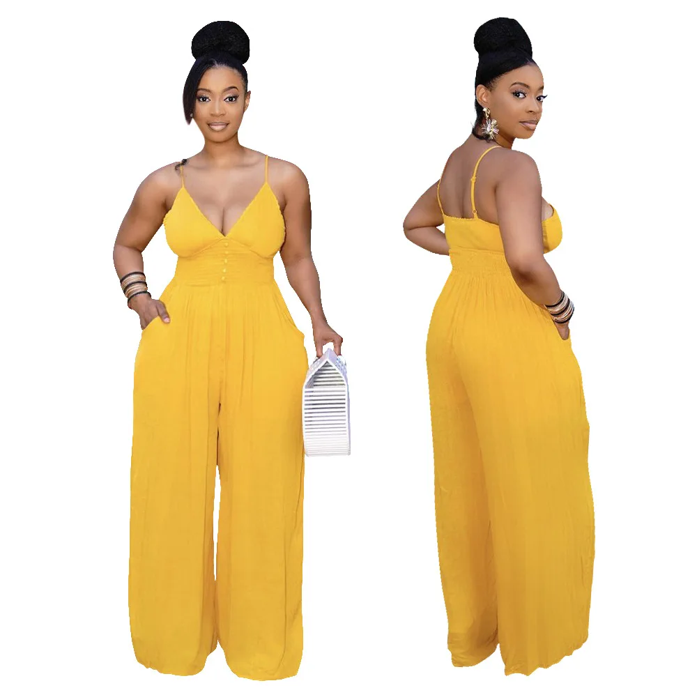 

New fashion sexy suspenders solid color wide-leg pants plus size women's jumpsuit