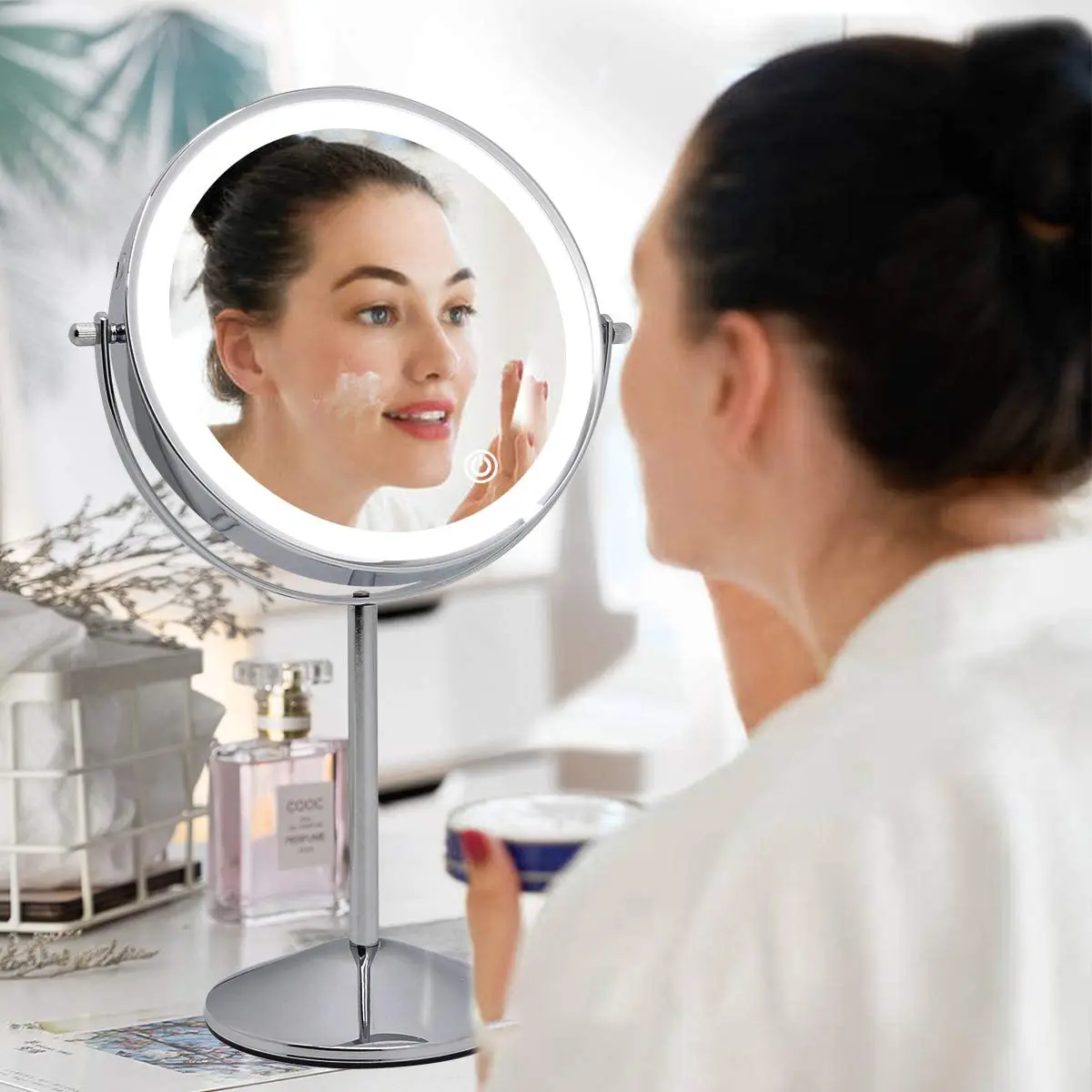 

Stainless Steel Two-Sided 10X Magnified Lighted Makeup Mirror