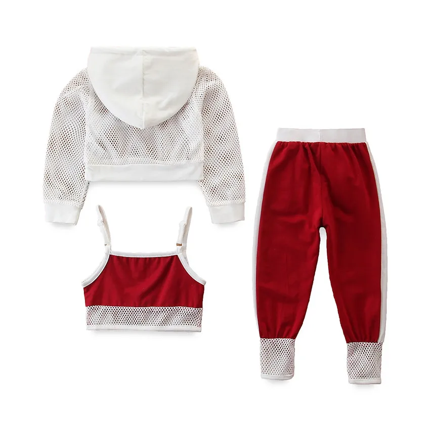 

2020 spring children suit girl sportswear style hollow net hoodie suspenders pants trend red baby clothes sport for wholesale, As pic shows, we can according to your request also
