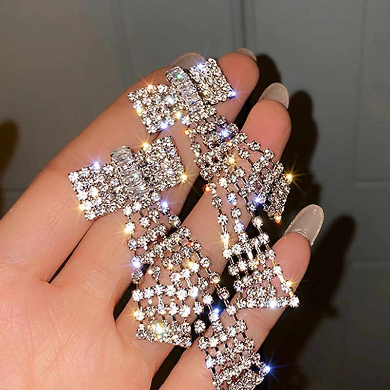 

New Design Exaggerate 925 Sterling Steel Needle Full Cubic Zircon Bow Long Tassel Earrings Zircon Bow Pendant Earrings