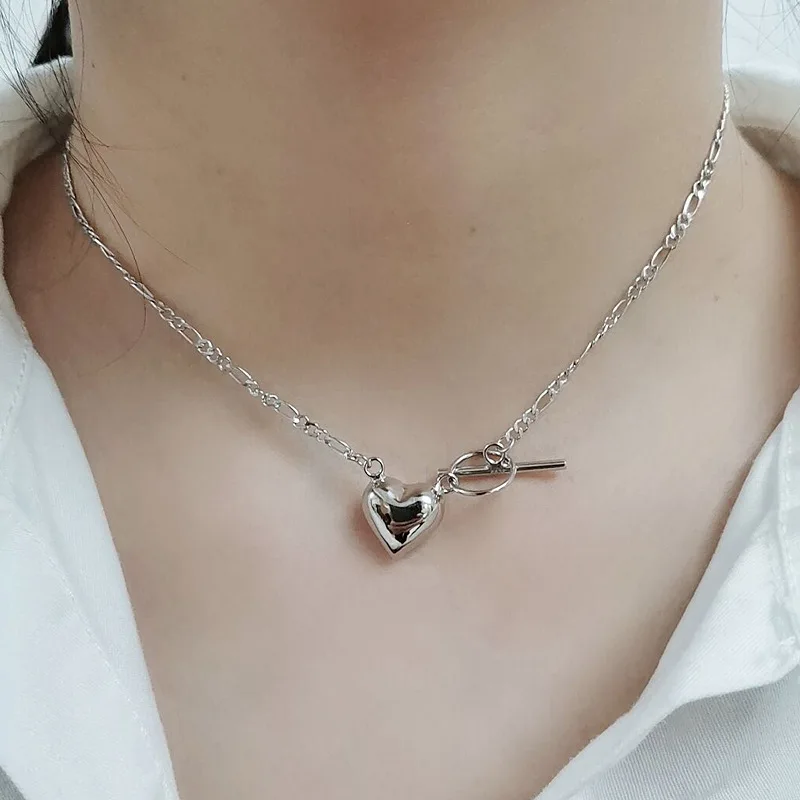 

18K Gold Plated 925 Silver Figaro Chain Heart Shaped Pendant Necklace S925 Sterling Silver Love Heart Charm Necklace, As picture