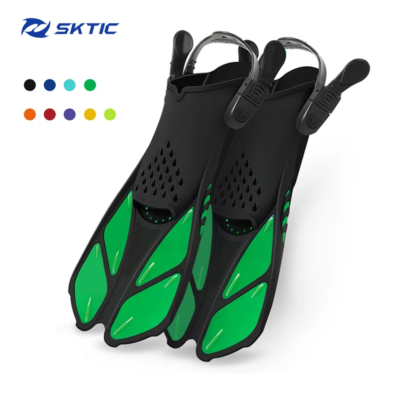 

SKTIC Snorkel Fins Size Short Adjustable Adult Men Womens Kids Open Heel Swimming Flippers For Snorkeling Diving, Black green