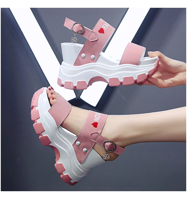 

Wedges pink sandal female fairy style Summer 2021 new chunky thick bottom green shoes Peep-toe black high heels wholesale, Picture