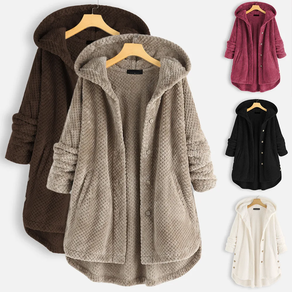 

2021 Hot Sale Womens Winter Clothes Hooded Double Faced Plush Long Sleeved Loose Plus Size Women's Coats Plus Size Pullover