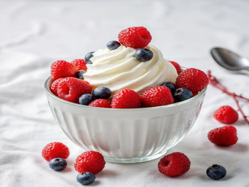 Homemade cool whip in glass bowl with fresh berries