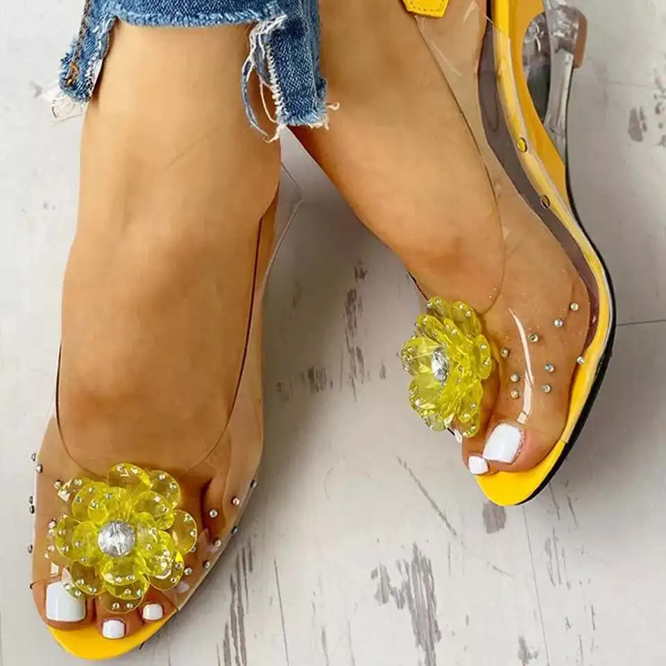 

Large Size Female Sandals Summer New Rhinestone Wedge Heel Sweet Flowers Transparent Waterproof Leisure Women's Jelly Shoes