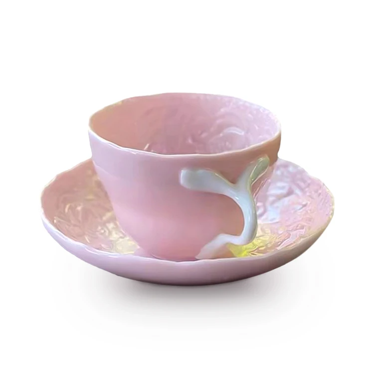 

Chinese Wholesale Girl Pink Beauty Fishtail Handle Embossed Rose Porcelain American Style Latte Coffee Cup Set