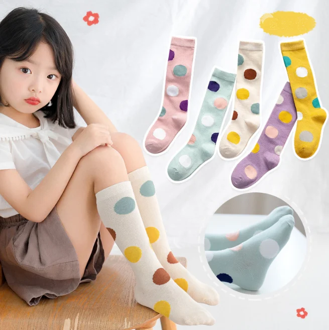 

1-12Y Girls Fashion Colorful Dot Cotton Korea Baby Children Knee High Kids Socks C2021