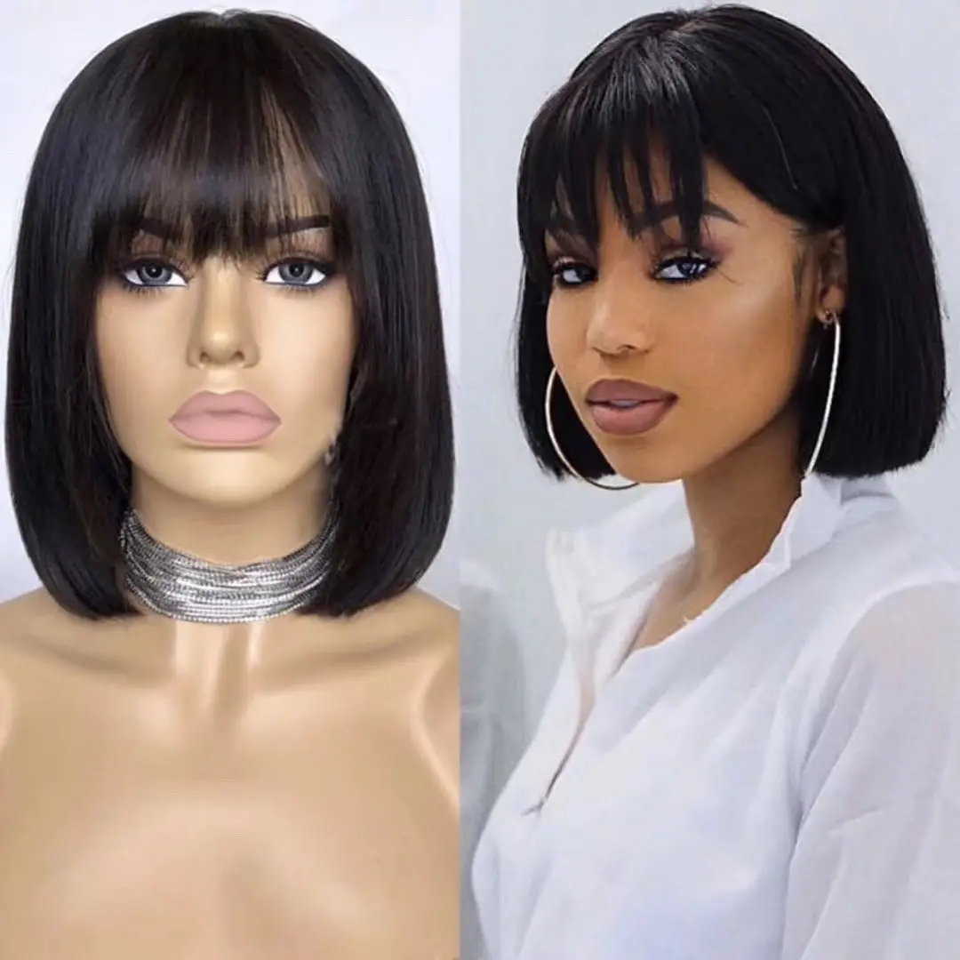 

Short Cut Cheap Bob Wig Remy Human Hair Wigs With Bangs Brazilian Short Pixie Cut Straight Machine Made Wig, Natural colors