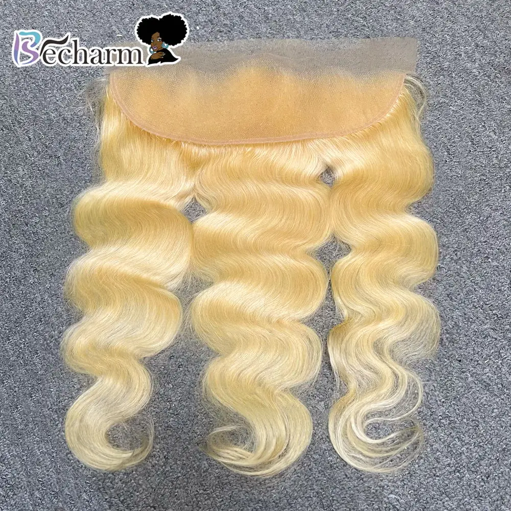 

613 Straight Body Wave Deep Wave Brazilian Virgin Blonde Human Hair Bundles With Lace Frontal With Closures, Natural colors
