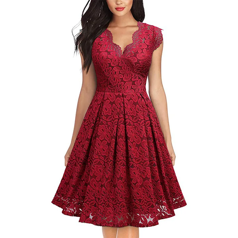 

European and American women's retro lace v-neck dress with sleeveless