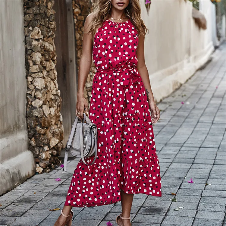 

Women Polka-Dot Beach Dresses Strapless Midi Sundress 2021 Summer Vacation Clothes For Women