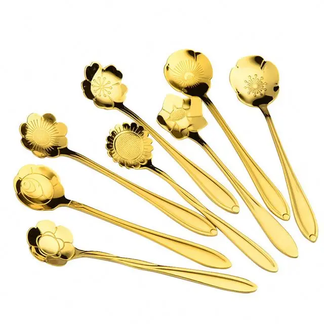 

H590 Home Kitchen Coffee Cake Fruit Sunflower Gold Plated Spoons Multi Colour Stainless Steel Flower Shape Spoon