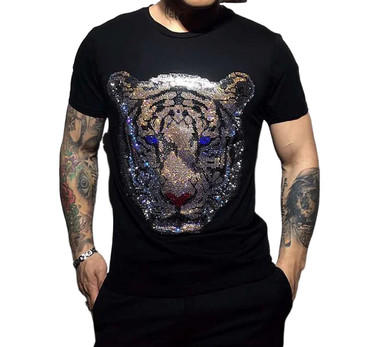 

New Arrival O Neck tiger rhinestone Casual Men's T Shirts Anti Pilling