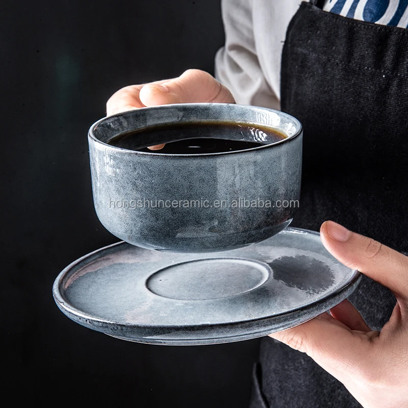 European-style Luxury Glossy Drinkware Grey Ceramic Coffee Tea Cups with Saucer