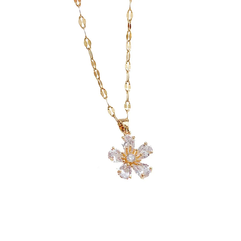 

New Arrival Sparkle Clear Crystal Flower Pendant Necklace Stainless Steel Adjustable Chain Zircon CZ Rose Flower Necklace