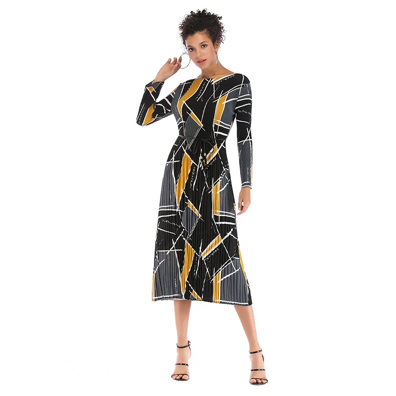 

Chiffon Pleated Geometric Print 2020 Summer Maxi Dresses Ladies Long Sleeve