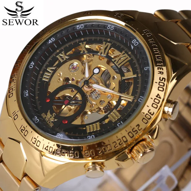 

WINNER 340 Men Automatic Mechanical Watch Gold Luxury Self-wind Man Wristwatch, As picture