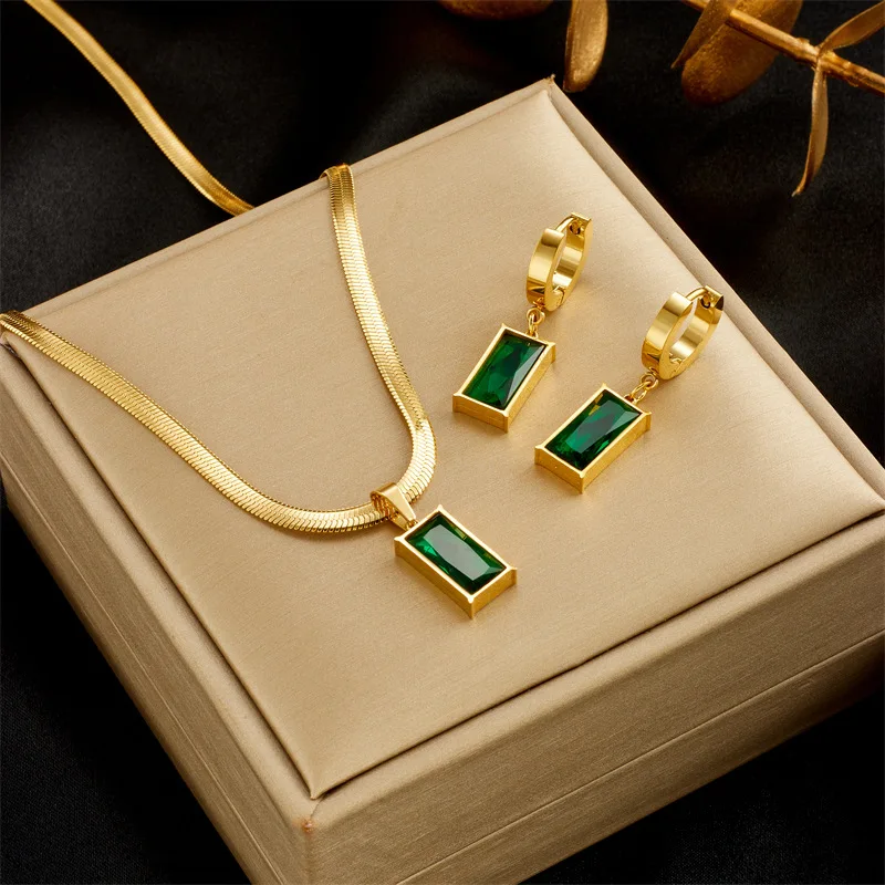 

Stainless Steel Square Emerald Pendant Necklace Green Cubic Zirconia CZ Flat Snake Chain Necklaces Earrings Jewelry Set