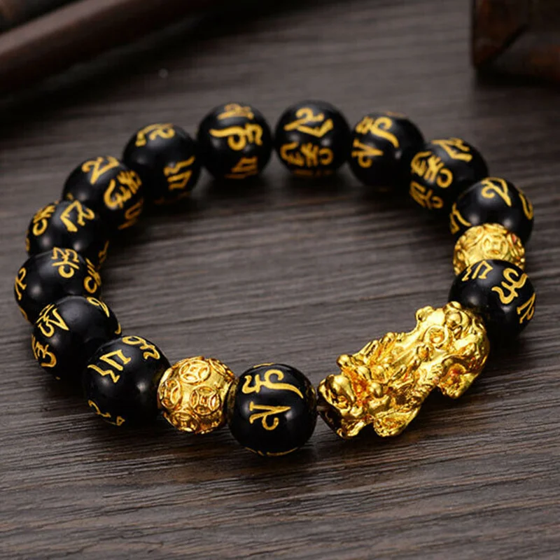 

Feng Shui Obsidian Stone Beads Men Unisex Wristband Gold Black Pixiu Wealth and Good Luck Women Bracelet