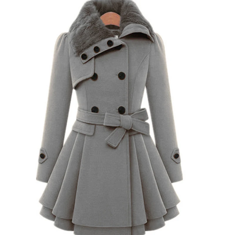 

Women's slim medium length woolen fur coat for ladies with double breasted women winter coats, Picture color