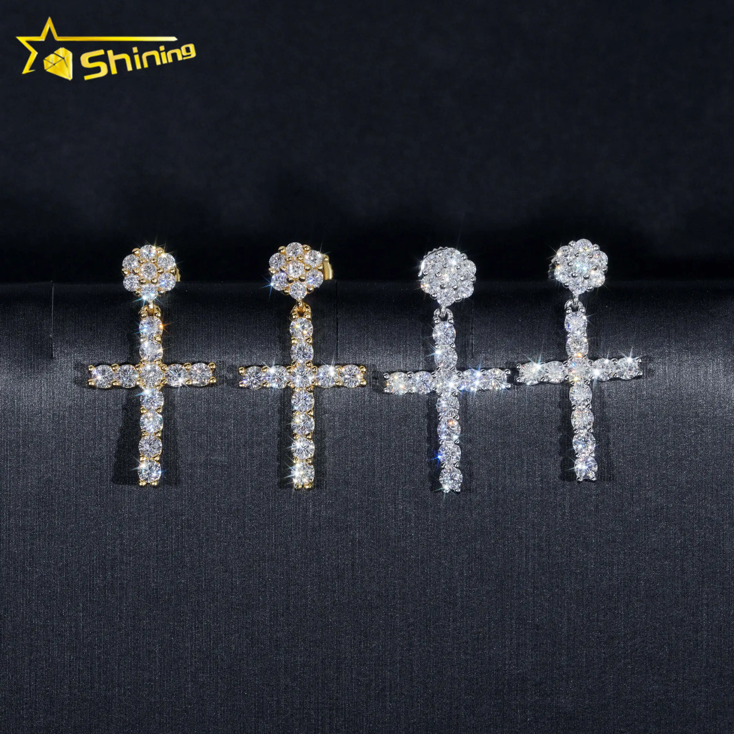 Hot Moissnaite Earring Fine Jewelry 925 Sterling Silver Gold Plated  Iced Out VVS Diamond Moissanite Cross Hang Drop Earrings