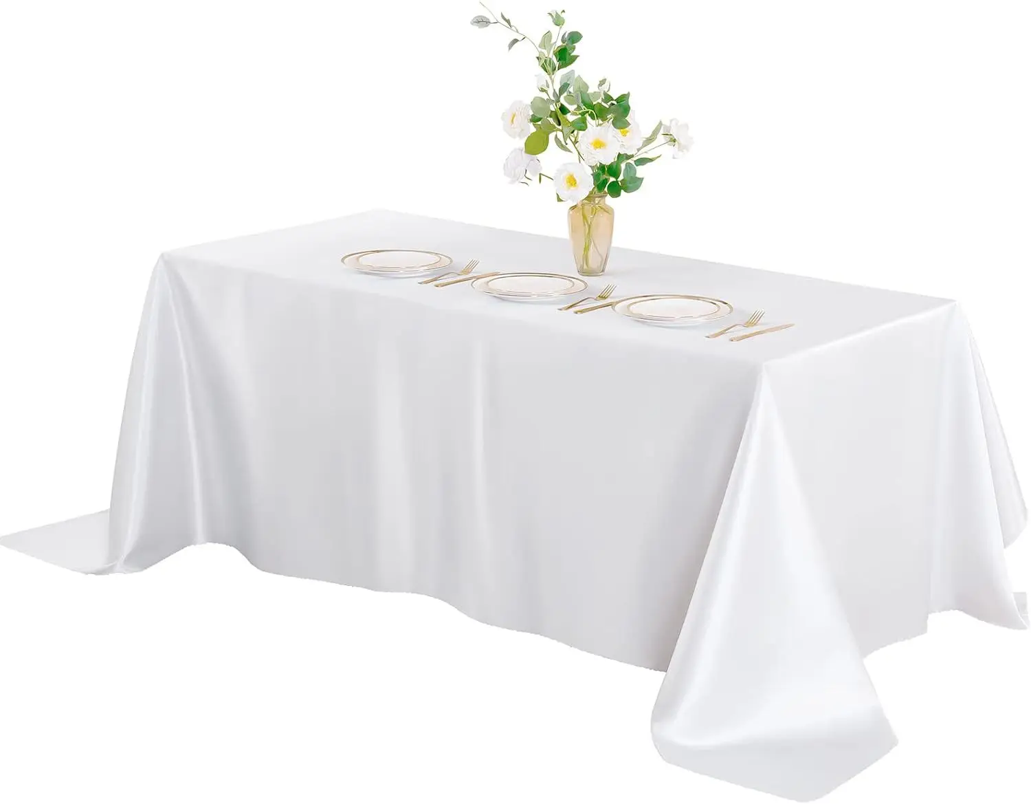 White Satin Table Cover Rectangle Bright Silk Smooth Fabric Decoration for Wedding Tablecloth
