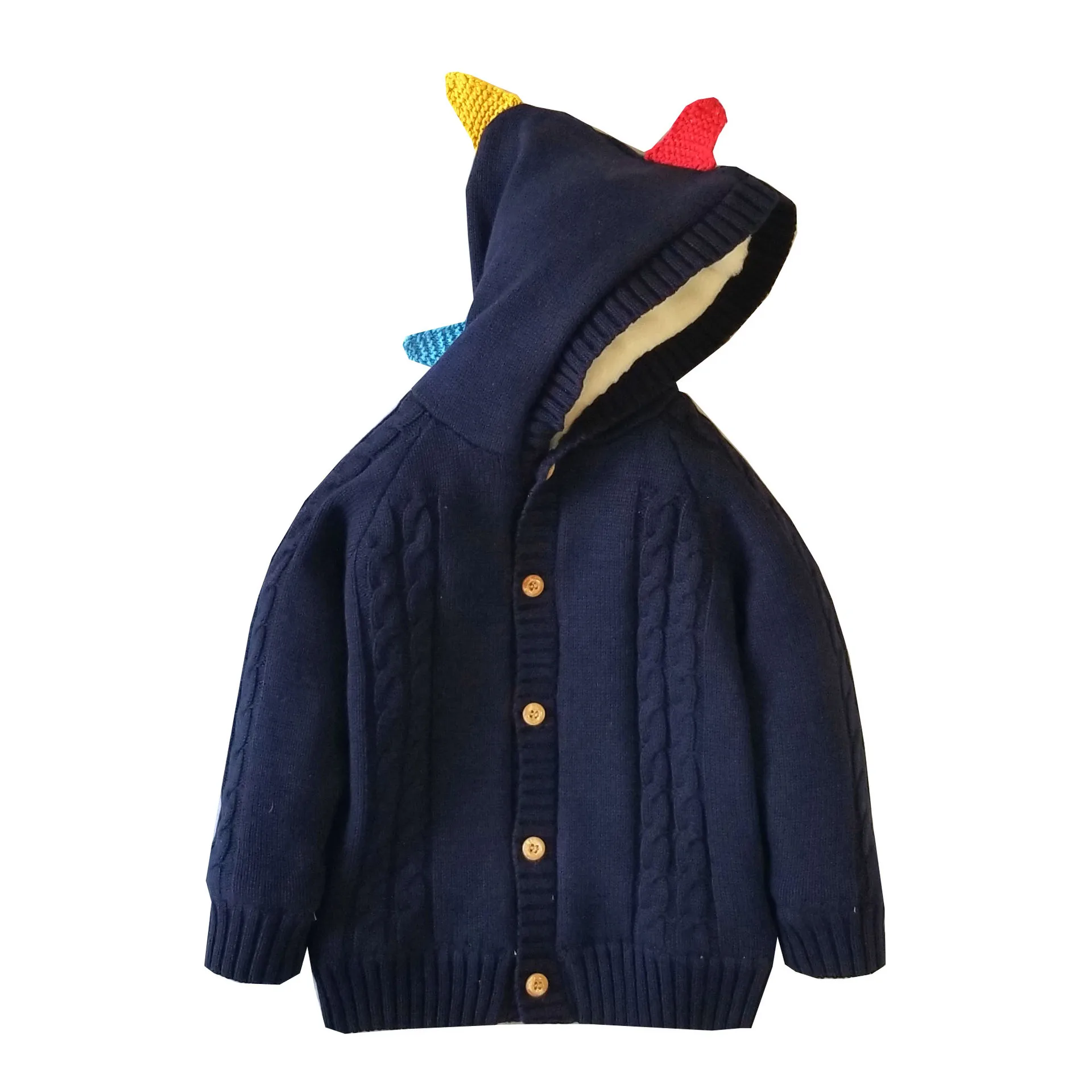 

Wholesale casual cute little boy hooded cardigan jacket cute dinosaur decorative single breasted knitted cardigan sweater
