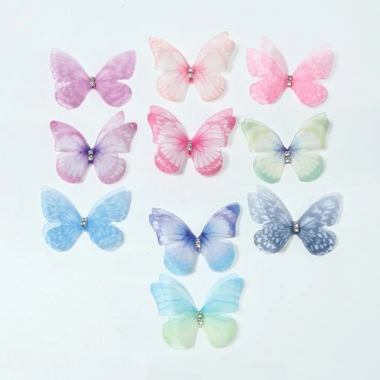 

Hot Sale Garment Crafts Accessories Sew on Sticker Organza Butterfly Embellishments with Rhinestone