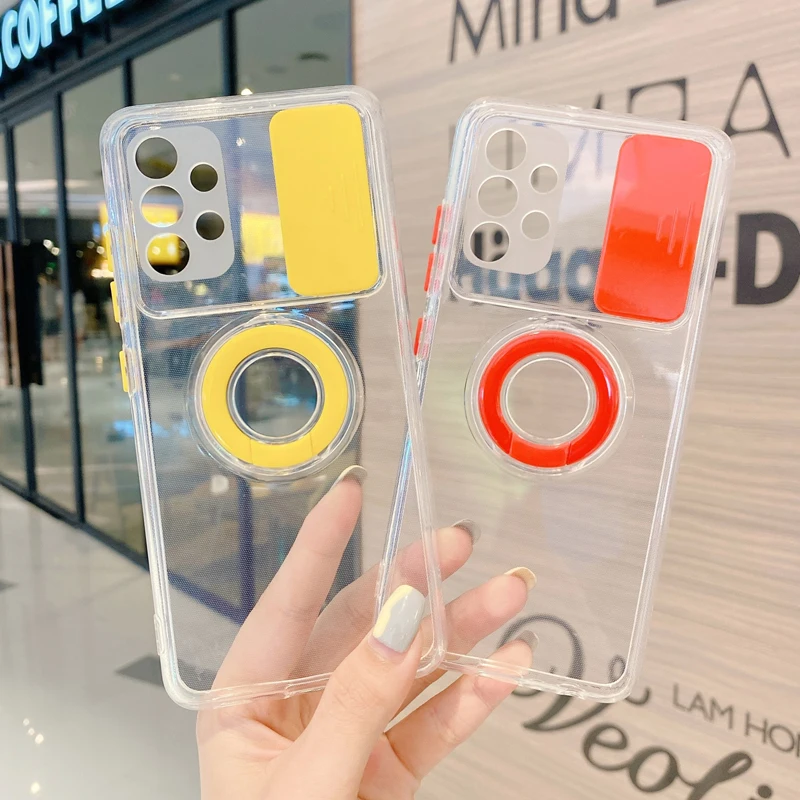 

Candy Color Camera Slide Ring Holder Clear 2.0 mm Silicone Phone Cover Case For Samsung A32 4G A52 A72 A12 A22 A82 A42 5G, Mix
