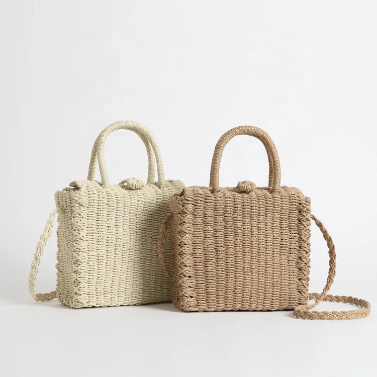 

Women unique square straw beach bags designer custom shoulder handbag for women, Natural