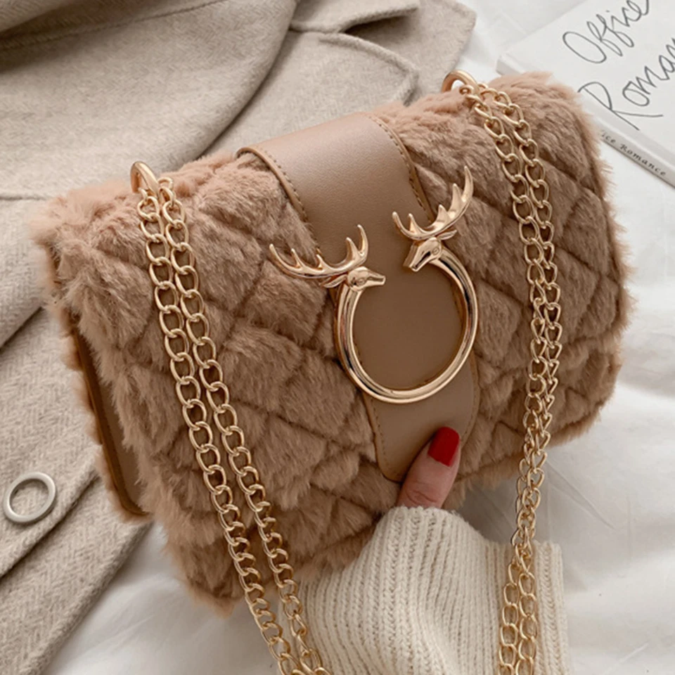 

2021 Winter Fashion Plush Leather Chain Shoulder Messenger Bag Ladies Crossbody Bag Soft Faux Fur Handbags for Women