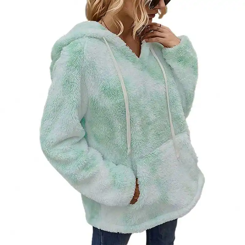 

Custom Oem Odm Casual Winter Warm Drawstring Thick Pullovers Pink Tie Dye Furry Hoodie