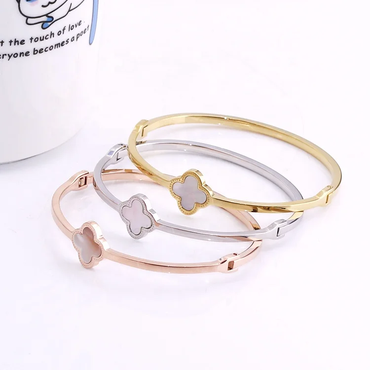 

wholesale custom stainless steel fashion jewelry rose gold plated white shell four leaf clover cuff bracelet bangle for women, All common color are available