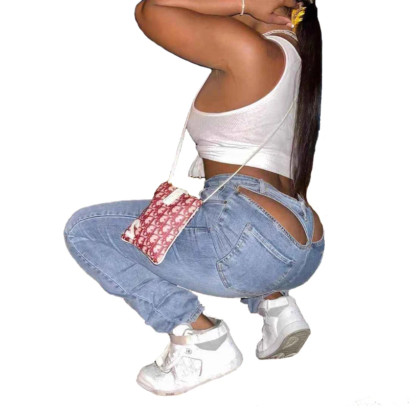 

wholesale 2021 fashionable hollow out trousers for woman sexy ladies s high waist pants prettylittlething jeans