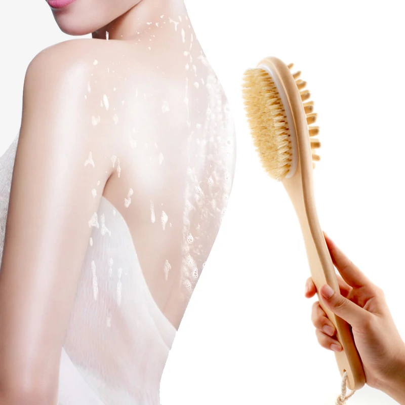 

Bath Body Massage Brushes Back Easy Clean 2-in-1 Sided Natural Bristles Brush Scrubber Long Handle Wooden Spa Shower Brush, As photo