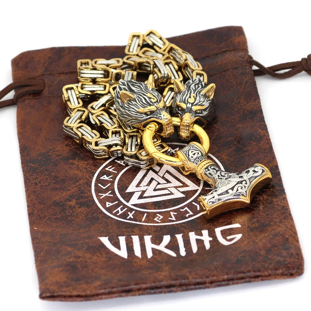 

New Design Jewelry Nordic-Culture Viking Wolf Head Chain Thor Hammer Men's Stainless Steel Necklaces, Gold color, silver color,black