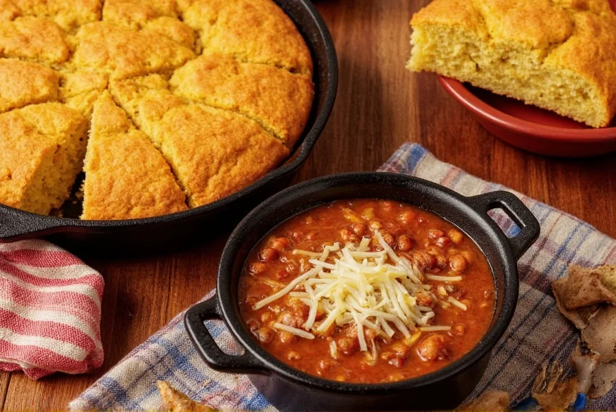 Traditional cast-iron skillet cornbread served alongside a bowl of steaming chili with melted cheese topping
