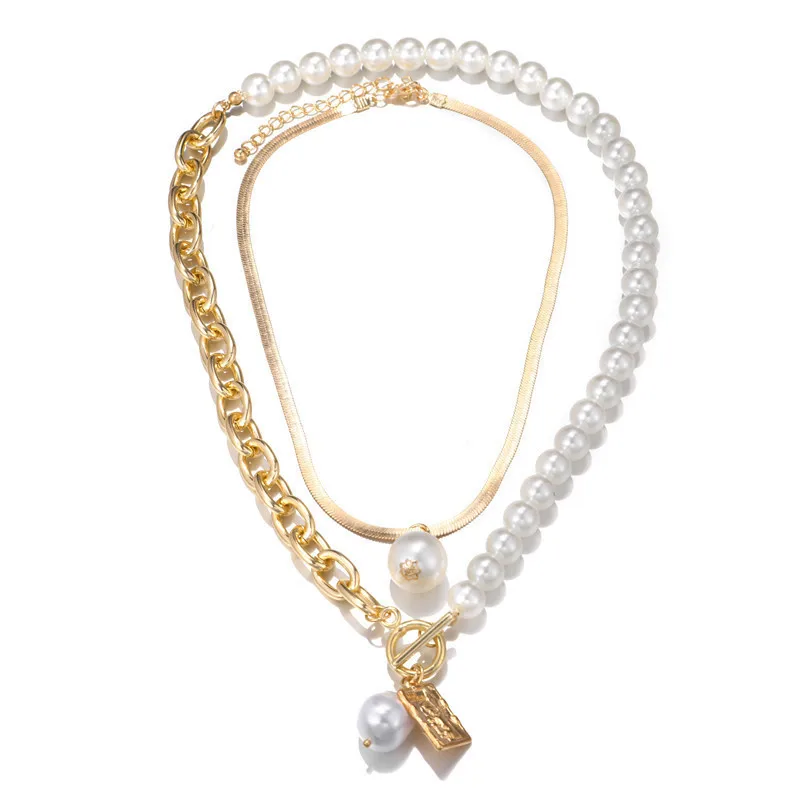 

Popular Necklace Accessories Asymmetrical Clavicle Chain Female Simple Pearl Embossed Pendant Necklace