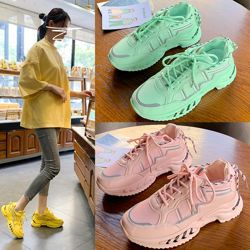 

New Design Thick Sole Women Shoes 2021 Fashion Women's Soft Leather High Platform Sneakers Girls Pink Sports Chunky Shoes Female