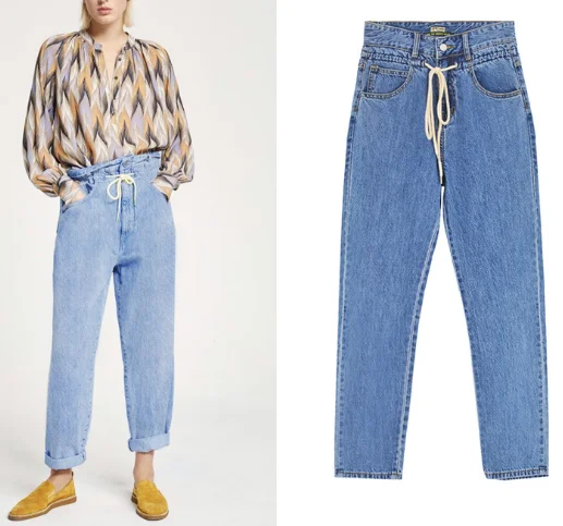 

High Waist casual washed jeans straight drawstring denim pants, Blue