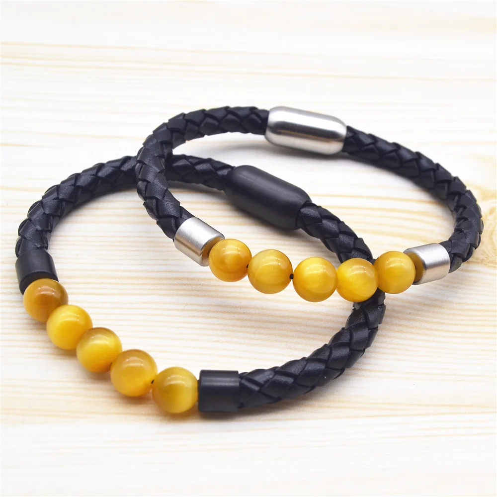 

Drop Shipping Factory Wholesale Large inventory Nature Gold Tiger Eyes Stone luxury leather cuff bracelet, Black leather with silver and black buckle